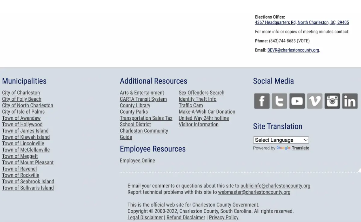 Charleston County website includes a Google Translate plugin on the footer.